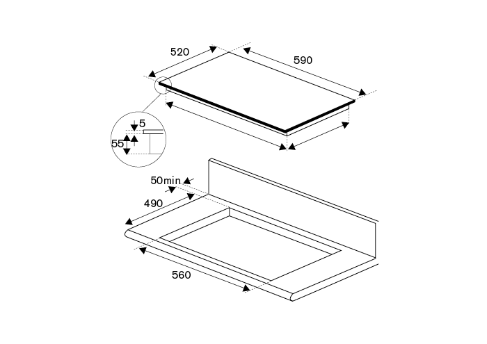 60cm induction hob, 3 cooking zones